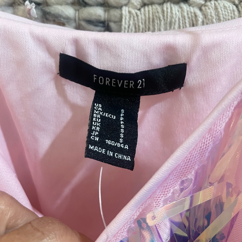 π NWT Forever 21 rainbow hologram AB crystal pink sequin mini dress sz S - Picture 4 of 10